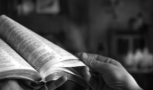 Man's hands over the Bible, against the background of the living room. Restoration scriptures concept